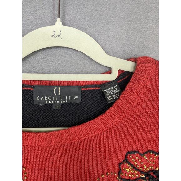 Carole Little Sweater Women's Large Red Black Breaded Fringe Embroidered Vintage - Picture 4 of 8